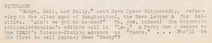 A section of Science Fiction News Letter #54 (3 December 1938) listing various fanzine nicknames.